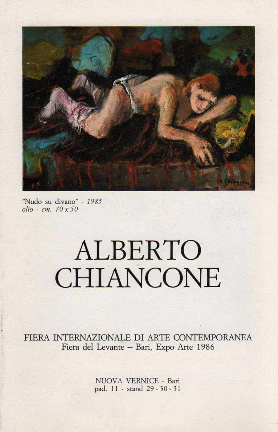 Nudo su divano, 1985, olio su tela, cm 50x70, depliant Expo Arte di Bari, 1986